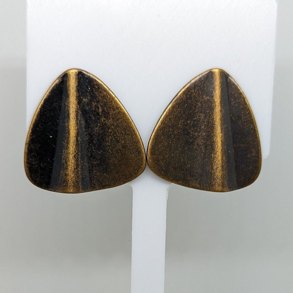 Vtg Copper Pierced Earrings Rounded Triangle 3D Modernist Post 1"